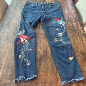 Free People Embroidered Straight Leg Jeans - Blue and Multicolor